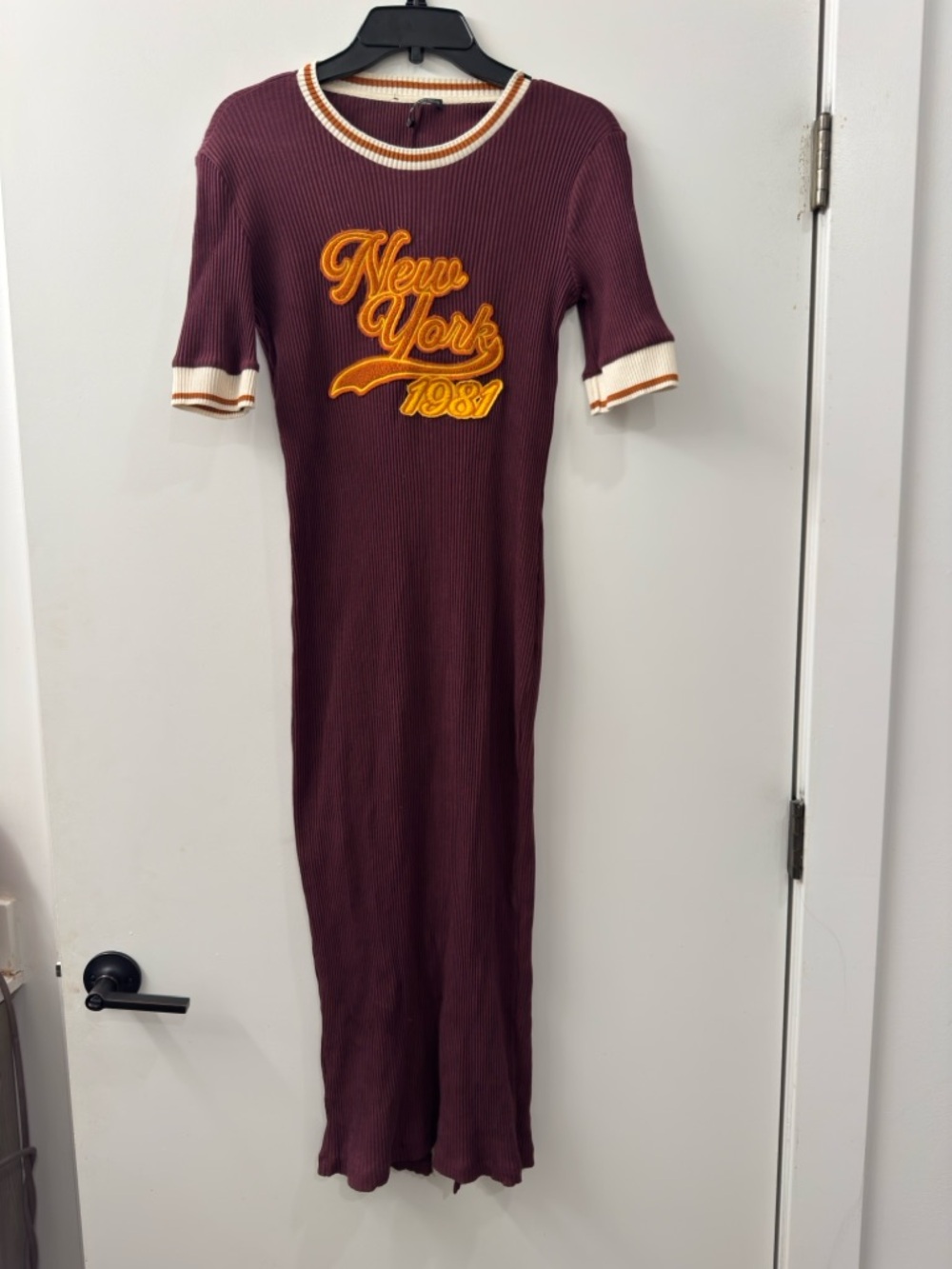 Zara Maroon Ribbed Maxi Dress with Orange Script and Cream Trim